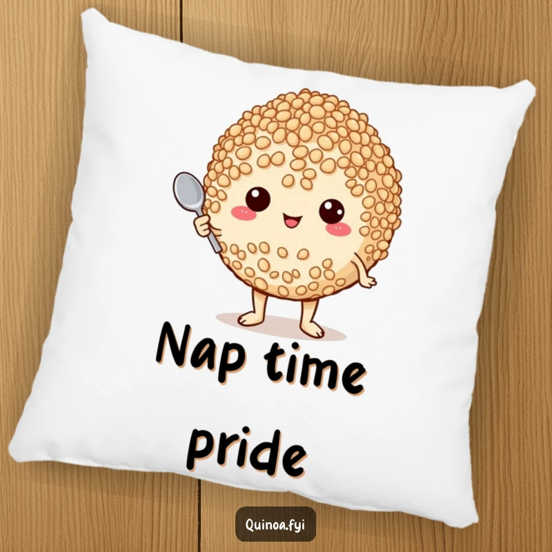 Funny pillow showcasing a plump, proud quinoa character holding a tiny spoon, offering comfort and a sense of accomplishment.