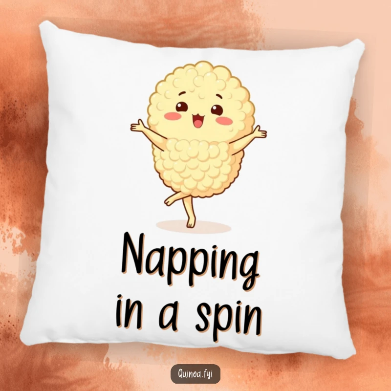 Funny Quinoa Cluster Pillow featuring a happy character performing a pirouette, offering comfort and a touch of elegant whimsy.