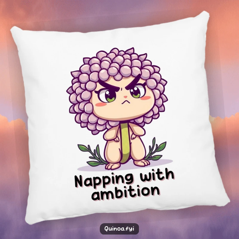 Funny pillow with a determined quinoa sprout standing tall with a resolute expression, perfect for adding comforting strength.