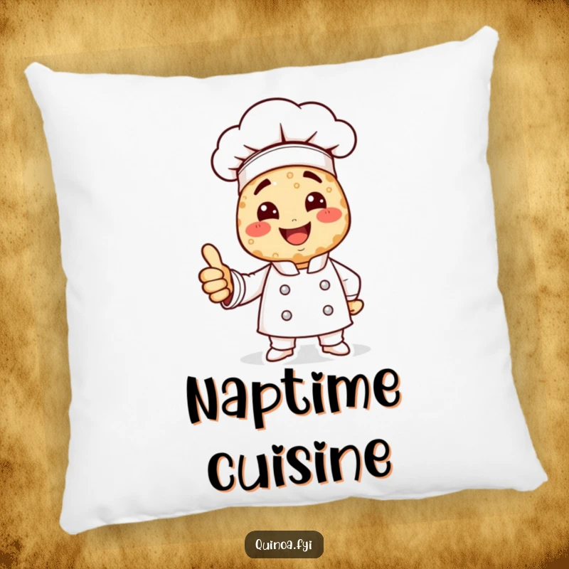 Funny quinoa chef pillow showing a smiling chef made of quinoa giving a hearty thumbs up.