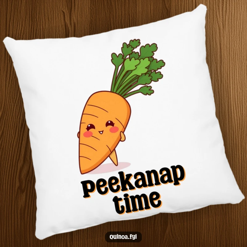 Funny pillow featuring a giggling quinoa grain peeking playfully from behind a giant carrot for cozy humor.