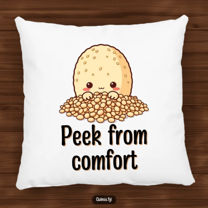 Soft, funny pillow featuring a charming quinoa grain character curiously peeking from its grains, providing comfort and a touch of playful mystery.