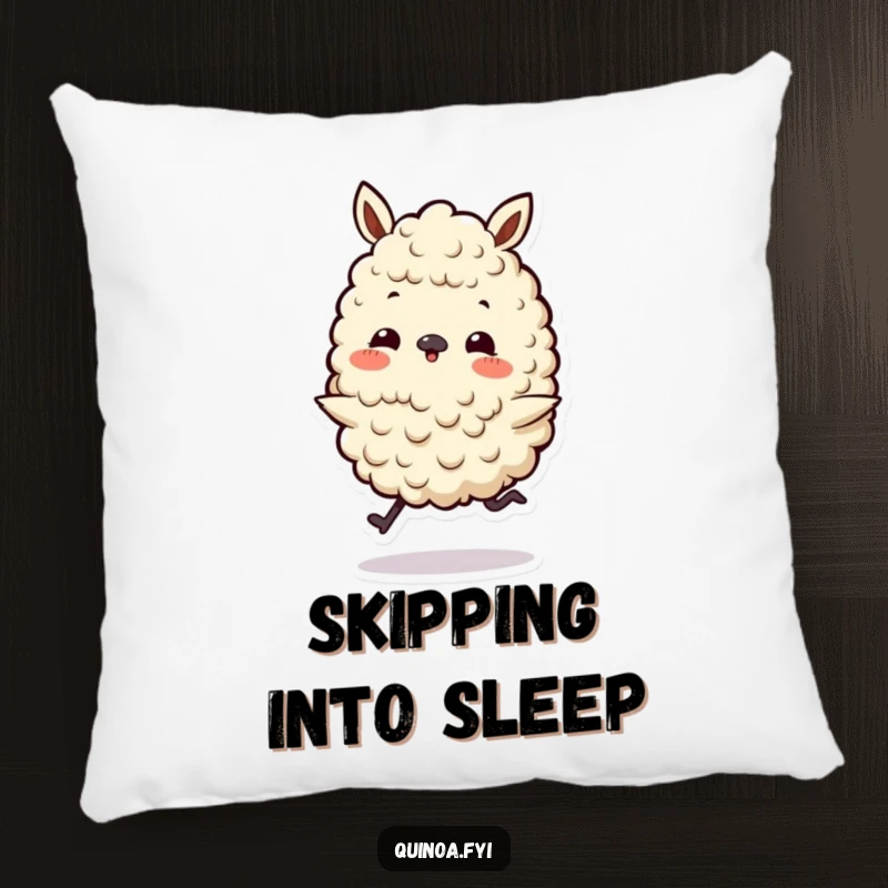 Funny pillow featuring a playful quinoa character with tiny legs doing a happy skip, offering comfort and a dose of pure delight.