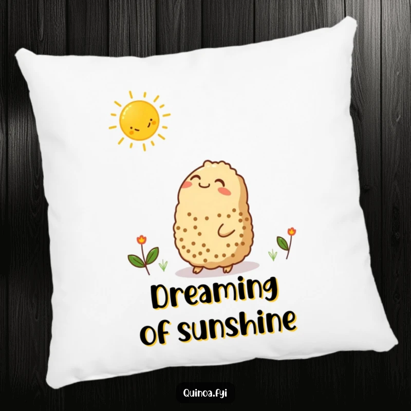 Funny pillow featuring a contented quinoa character looking up at a smiling sun graphic, offering comfort and a dose of pure sunshine.