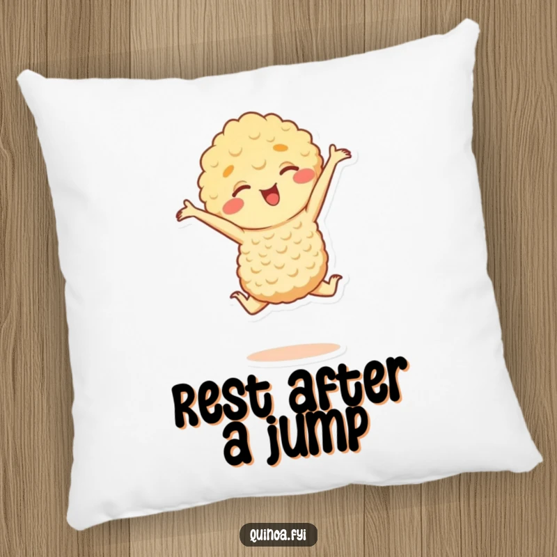 Funny pillow with a happy quinoa character joyfully leaping, offering comfort and a humorous touch, an ideal funny gift for relaxation.