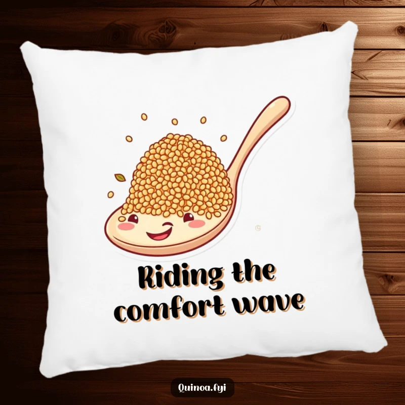 Funny pillow featuring a comical scene of quinoa grains riding a big, happy smiling spoon, a humorous home decor piece.