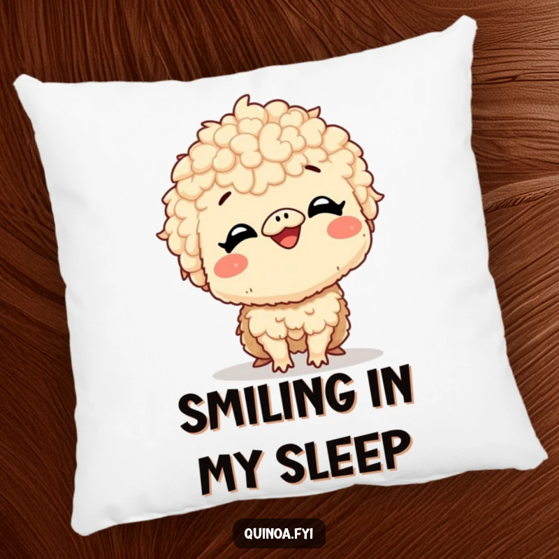 Funny pillow featuring a giggling quinoa creature with a very large, excited smile, offering comfort and a dose of pure delight.