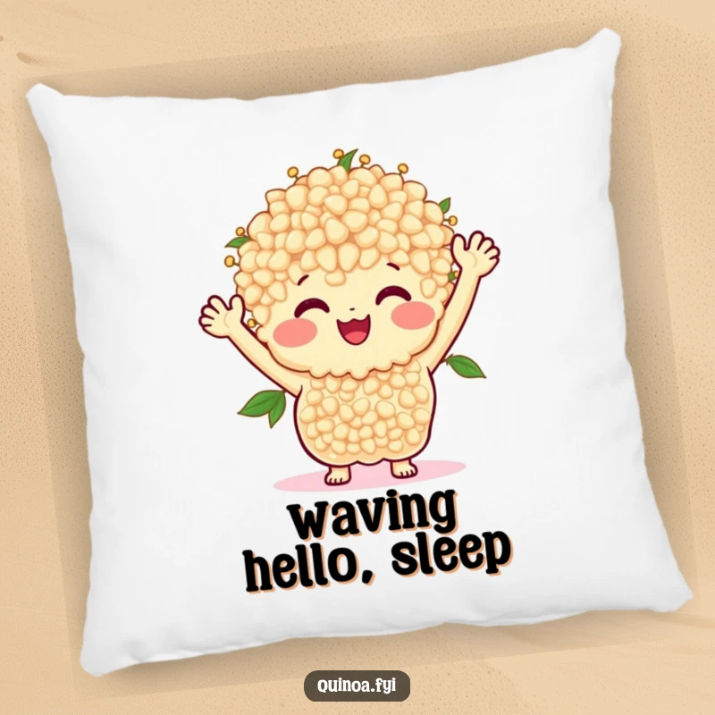 Funny pillow art of a smiling bunch of quinoa with arms waving happily, perfect for a comfy welcome.