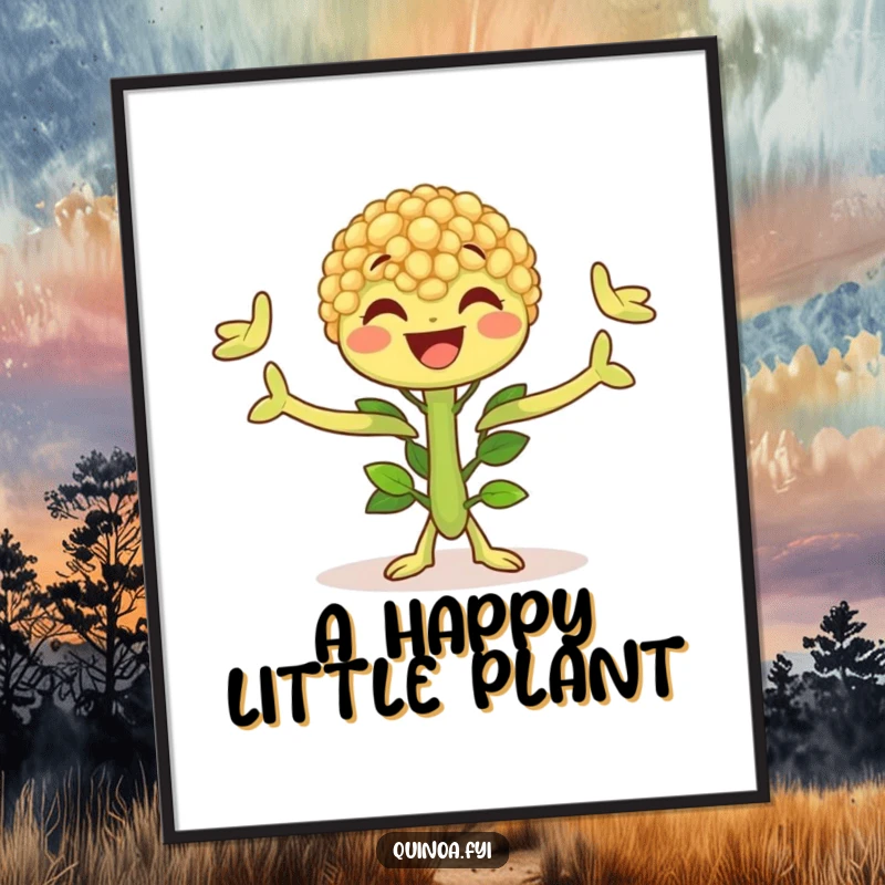 Funny Quinoa Plant Digital Art Print of a joyful character with leafy arms outstretched, conveying happiness and natural energy.