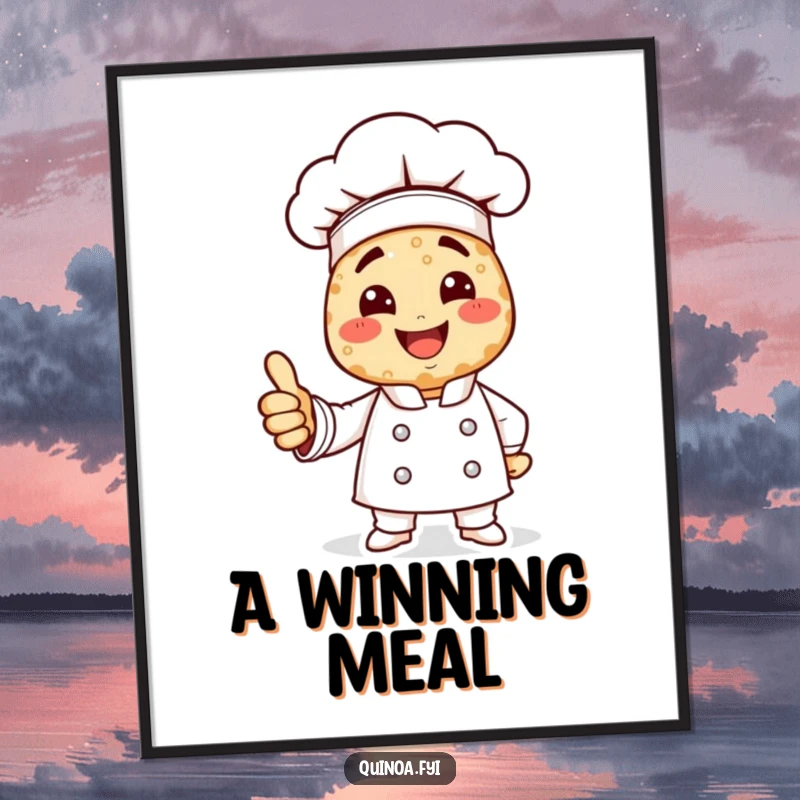 Funny digital art print: a smiling chef character made of quinoa gives a confident thumbs up.