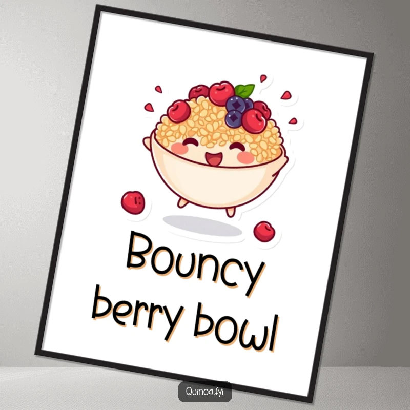 Funny digital art print of an anthropomorphic bowl of cooked quinoa with tiny berries energetically bouncing, full of motion.