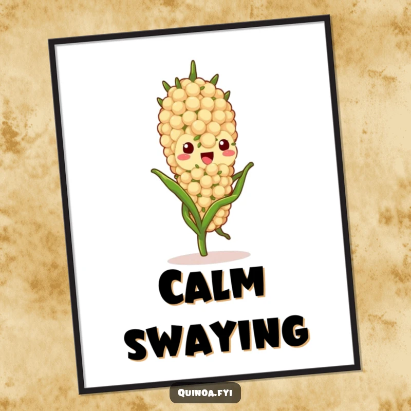 Funny quinoa stalk character digital art print, gently swaying with a peaceful expression, ideal for creating a serene and calming wall decor.