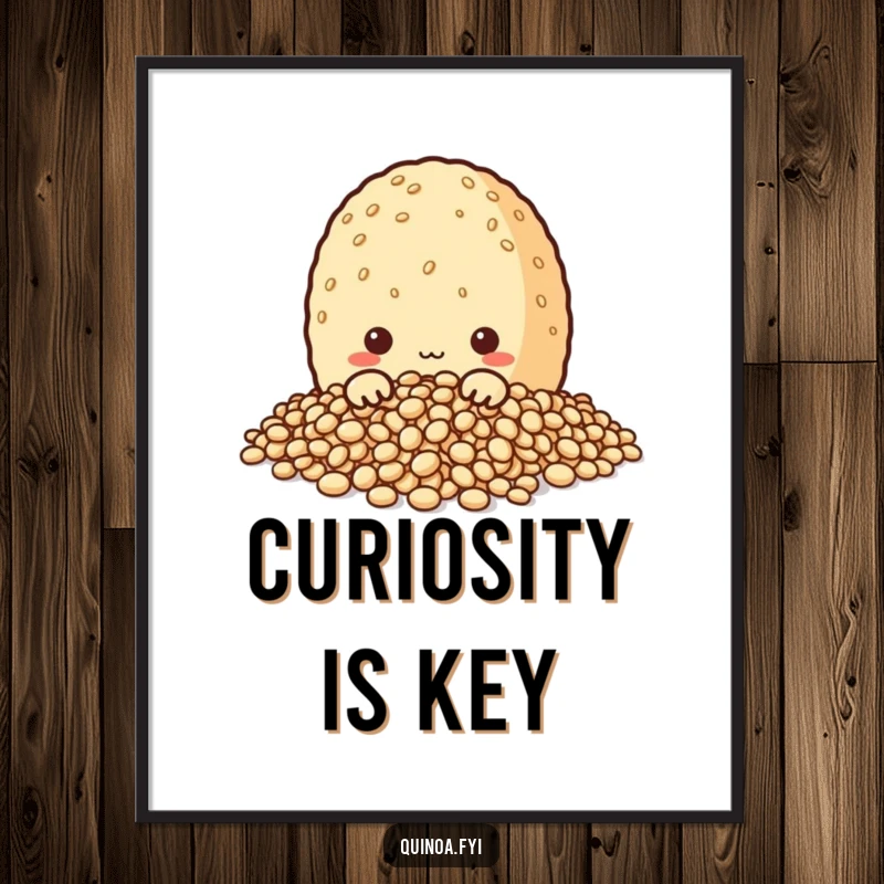 Funny digital art print of a curious quinoa grain character peeking from its grains, perfect for instant download and adding intriguing humor.