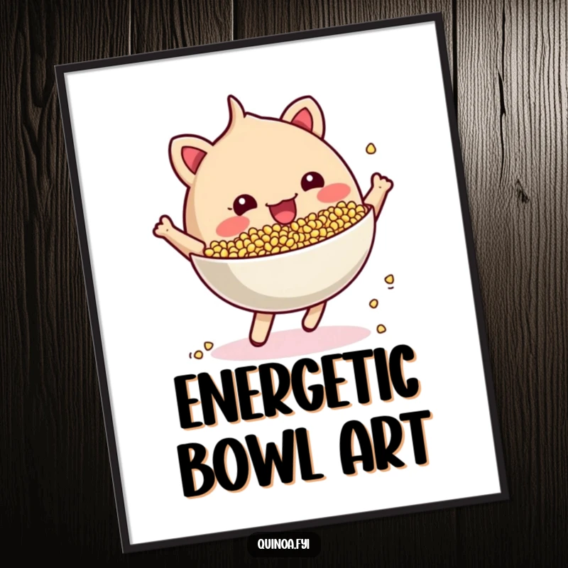 Funny cheerful, anthropomorphic quinoa bowl bouncing energetically digital art print, a dynamic and fun piece of artwork for vibrant interiors.