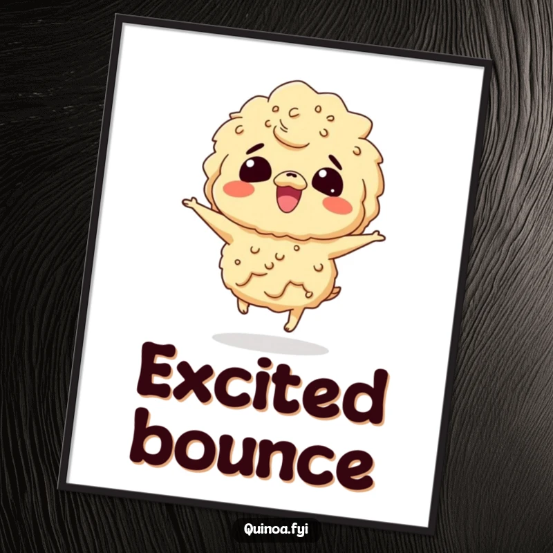 Funny digital art print of a giggling quinoa character bouncing with excitement, ready to bring animated joy.
