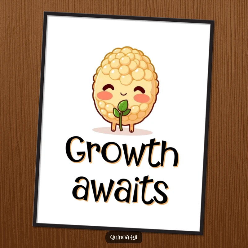 Funny digital art print of a blushing quinoa character shyly offering a sprout, ready to convey sweetness.
