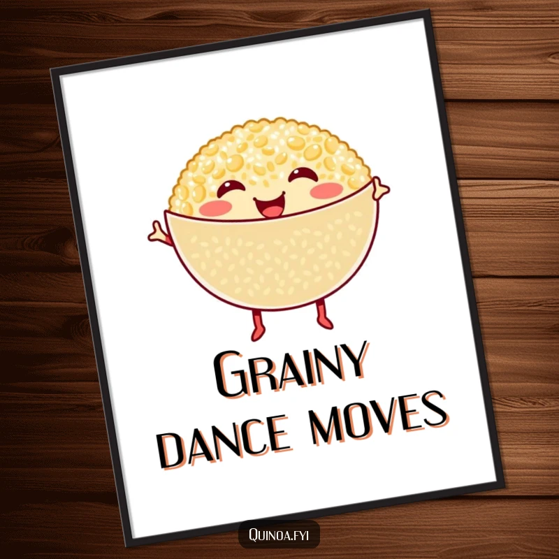 Funny Quinoa Digital Art: Smiling quinoa bowl with tiny legs dances joyfully, ideal for instant healthy and humorous wall decor.