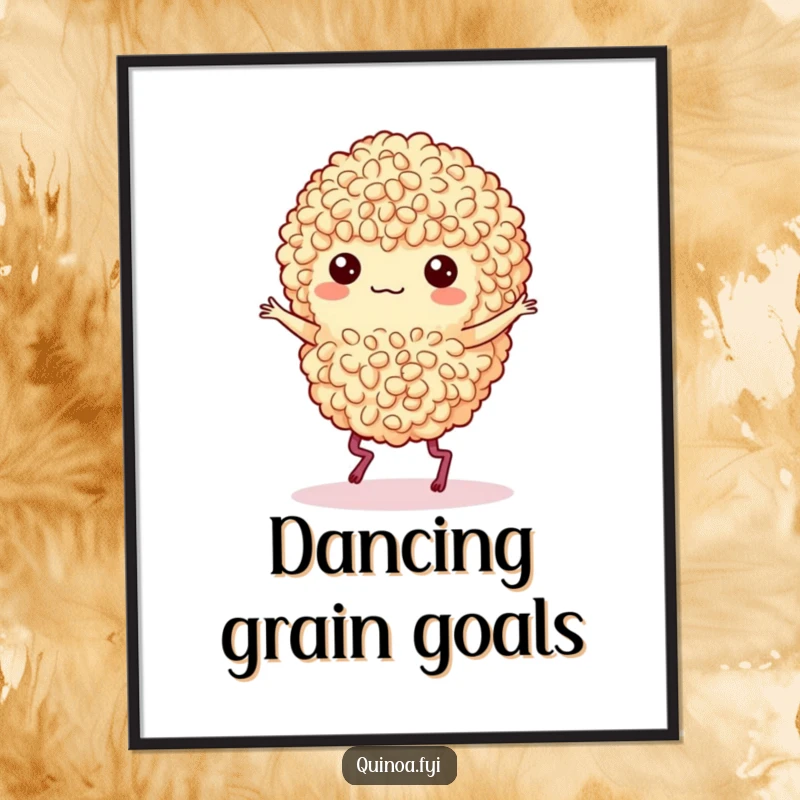 Funny digital art print of a quinoa cluster with little legs performing a joyful and energetic jig dance.