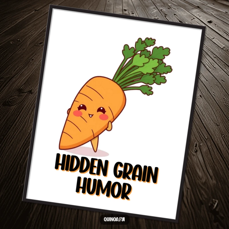 Funny digital art print of a giggling quinoa grain peeking playfully from behind a giant carrot.