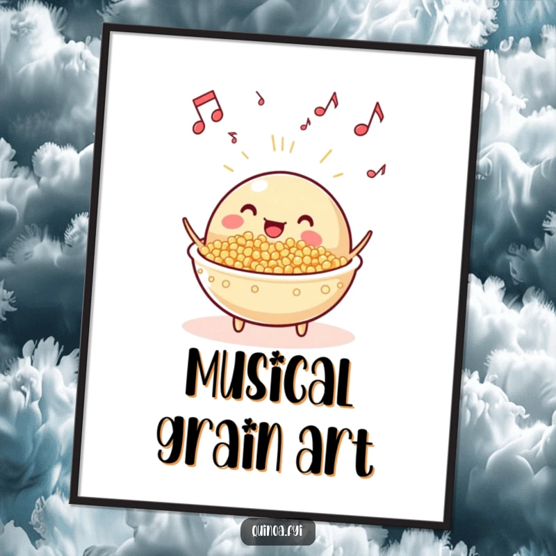 Funny beaming, anthropomorphic quinoa dish with musical notes floating digital art print, a cheerful and musical celebration of healthy eating.