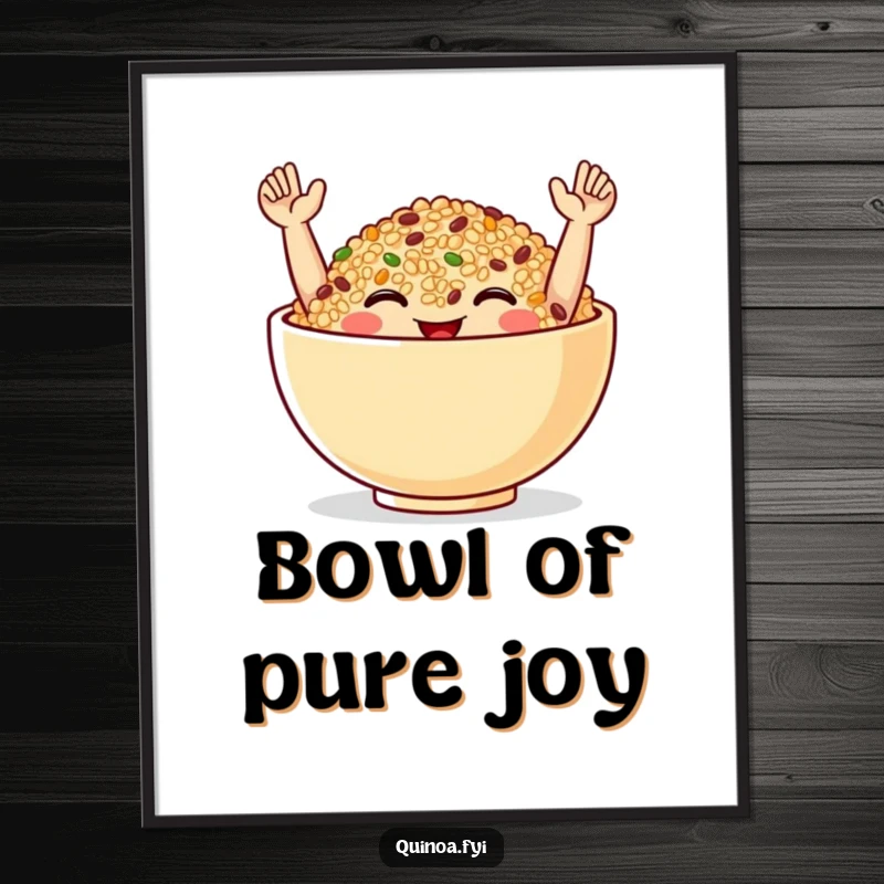Funny Digital Art Print of a smiling quinoa bowl with tiny arms raised in celebration, a humorous and joyful piece for instant decor.