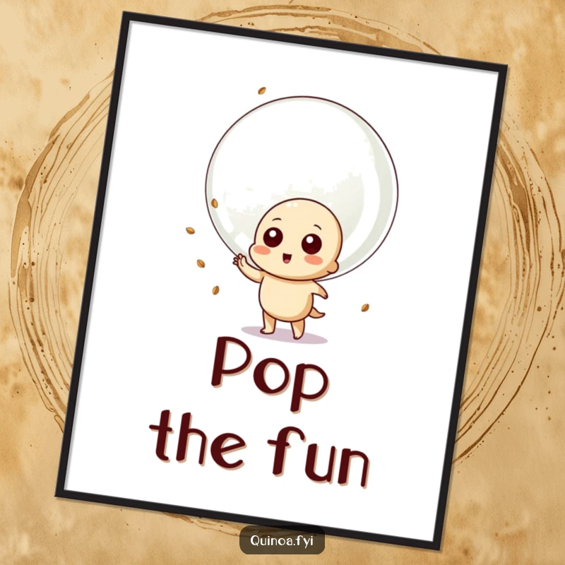 Funny digital art print of a playful quinoa character blowing a giant bubble with quinoa seeds, radiating cheerful and bubbly energy.