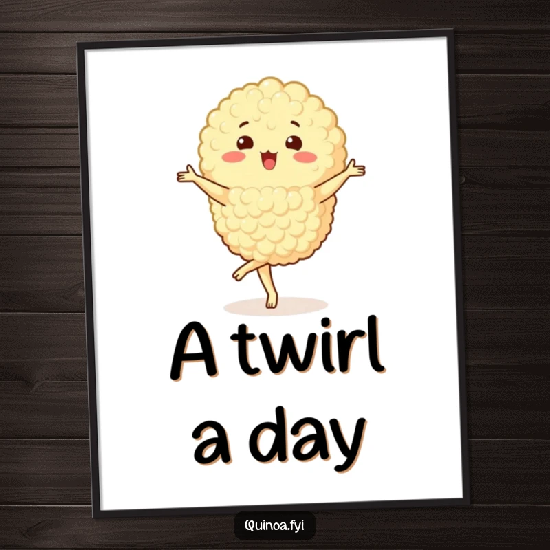 Funny Quinoa Cluster Digital Art Print of a happy character performing a pirouette, conveying elegance and joyful motion.