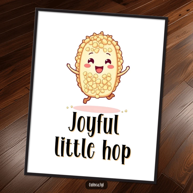 Funny digital art print of an energetic, hopping quinoa grain character, perfect for instant download and adding a whimsical, humorous touch to wall decor.