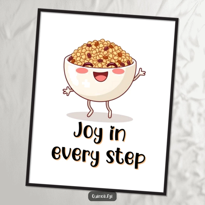 Funny Quinoa Digital Art Print: A smiling anthropomorphic quinoa bowl with legs performing a joyful jig, adding cheerful humor to your decor.