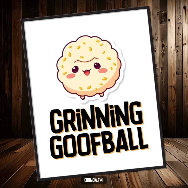 Funny quinoa puff character digital art print, floating with a mischievous grin, ideal for adding playful charm to wall decor.