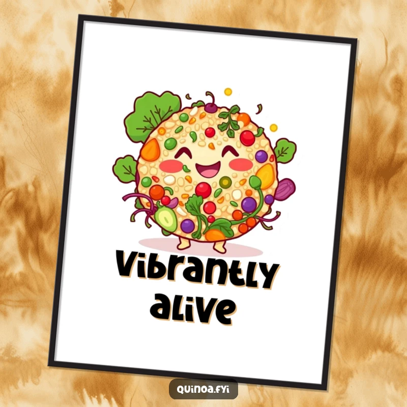 Funny quinoa salad character digital art print, depicting a happy bowl of vibrant ingredients, ideal for kitchen or dining room decor.