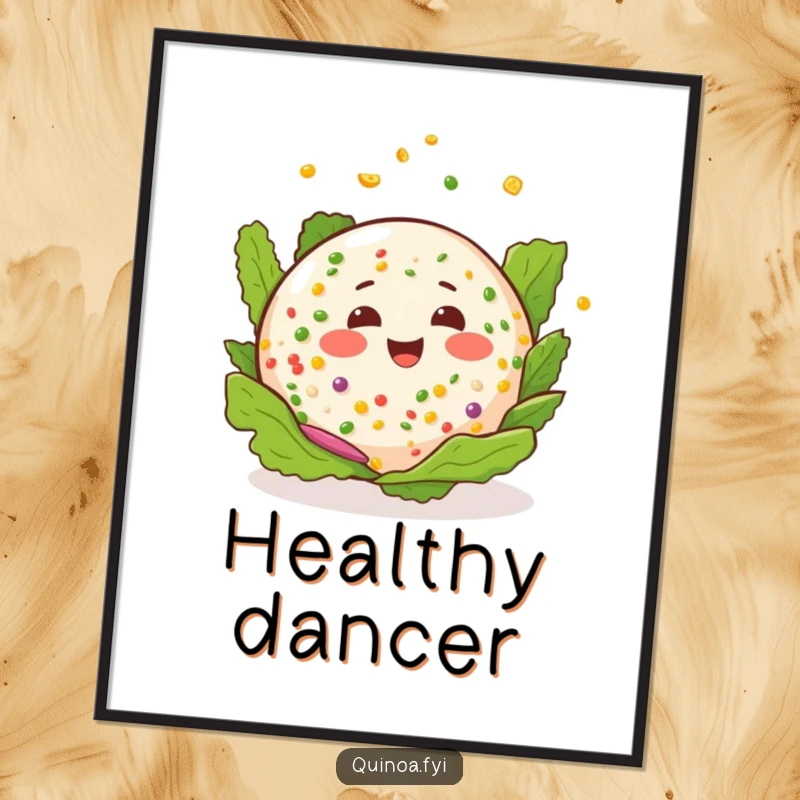 Funny digital art print: a happy quinoa salad with a cheerful expression is playfully spinning.