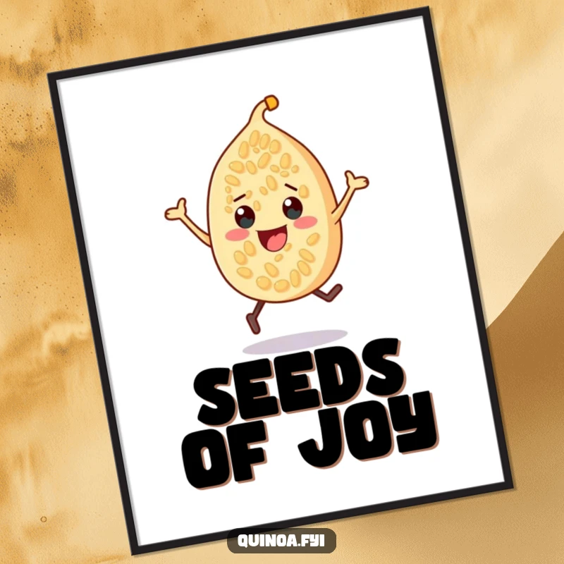Funny quinoa seed character digital art print, depicted energetically bouncing with a pure, cheerful expression, ideal for wall decor.