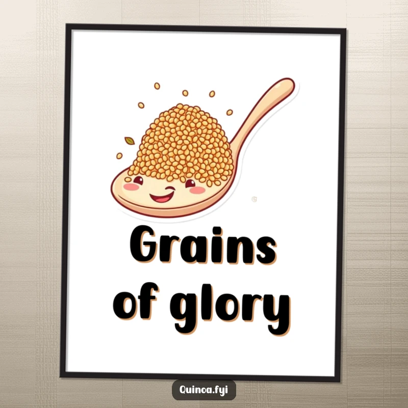 Funny digital art print of quinoa grains joyfully riding a giant smiling spoon, perfect for humorous digital decor.