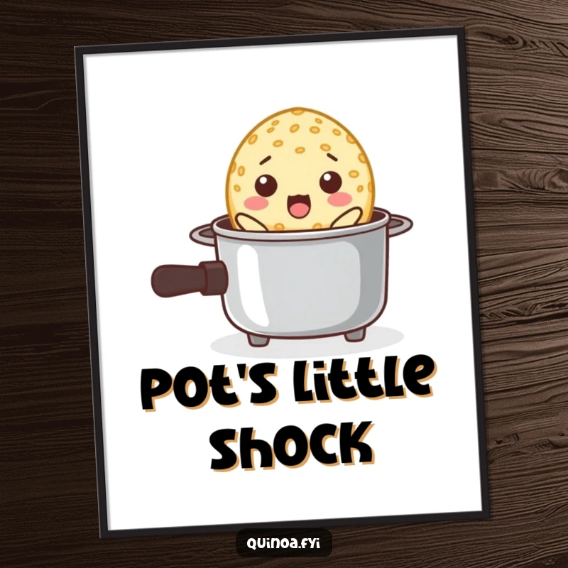 Funny digital art print of a surprised quinoa grain comically popping out of a miniature cooking pot.