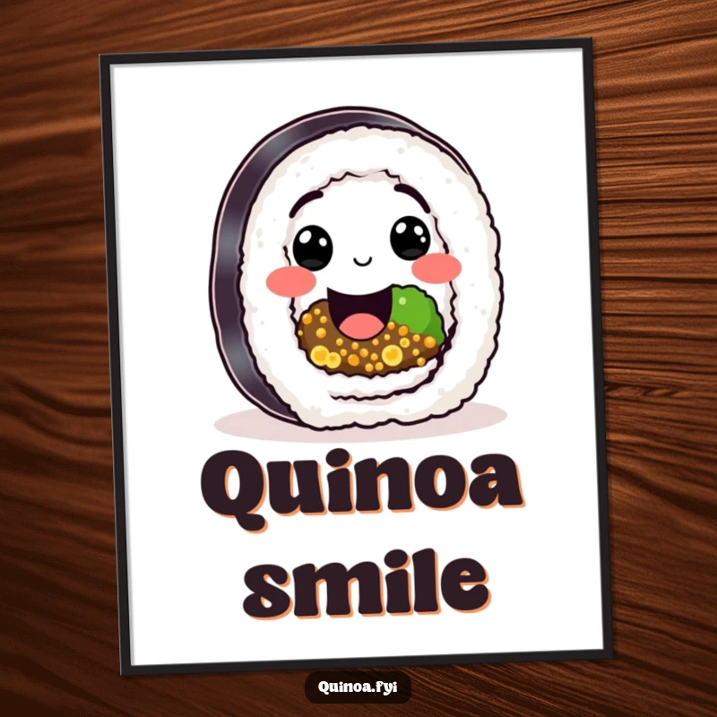 Funny Sushi Quinoa Roll Digital Art Print of a happy character with quinoa filling and a big smile, humorous wall art.