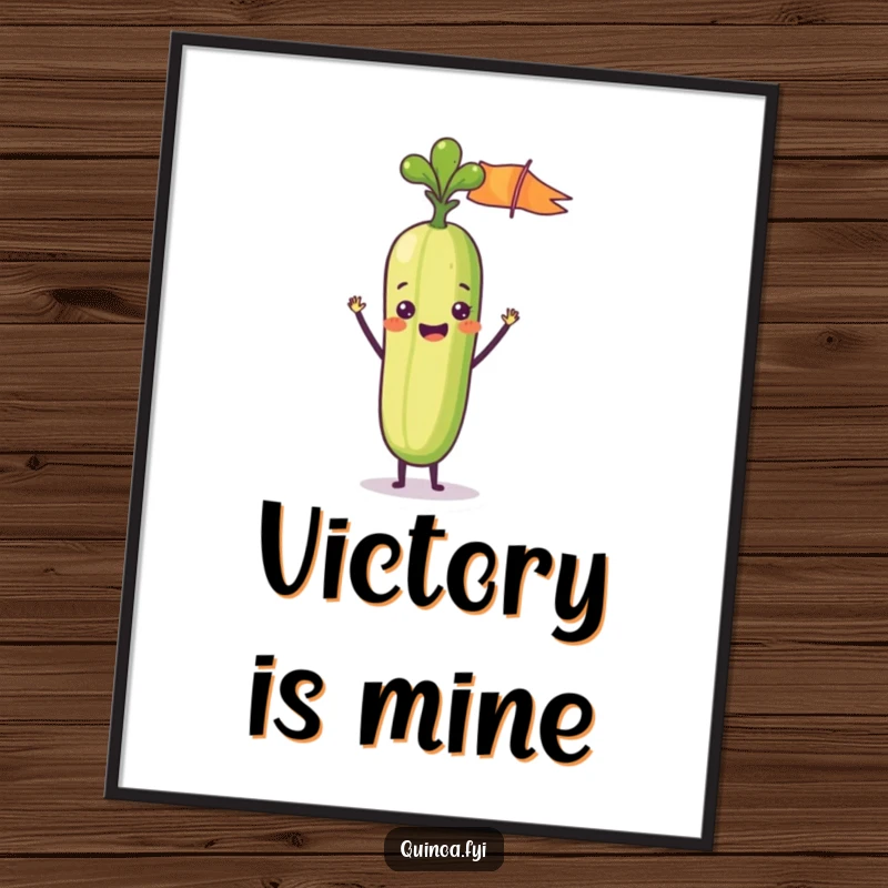 Funny digital art print of a delighted anthropomorphic vegetable stick waving a tiny flag, bringing cheerful celebration and humor to displays.