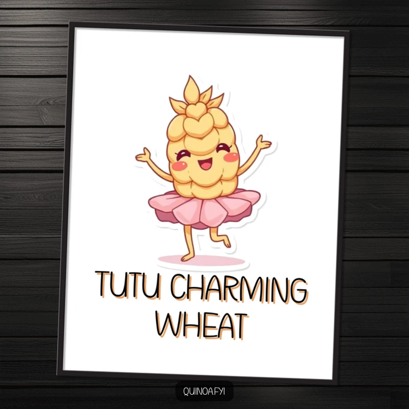 Funny Digital Art: A wobbly anthropomorphic wheat grain in a tutu strikes a charmingly wobbly, playful pose, ready to dance.