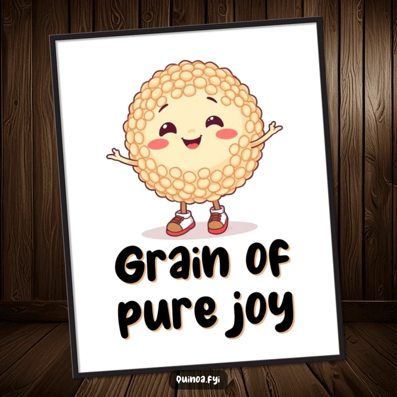 Funny spinning quinoa grain in tiny shoes digital art print, whimsical and humorous illustration for instant wall decor, a great funny gift.