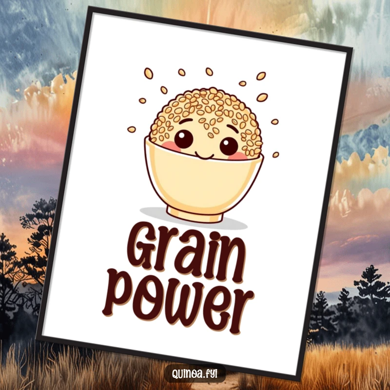 Funny Quinoa Digital Art Print of a happy face juggling seeds, a humorous and vibrant piece of food-themed art.