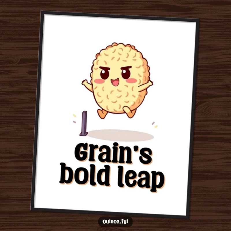 Funny Digital Art Print of a determined quinoa character leaping over a hurdle, a humorous and motivational piece for instant decor.