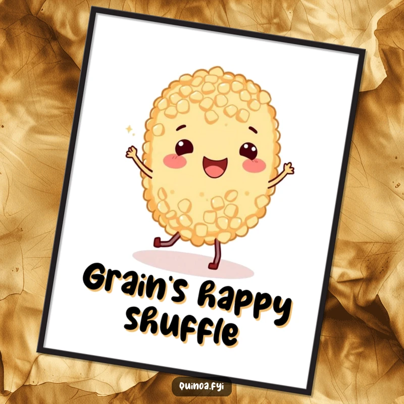 Funny Digital Art Print of a happy quinoa grain with legs performing a joyful jig, a humorous and energetic piece for instant wall decor.