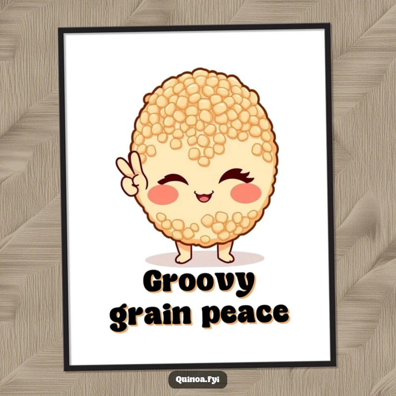 Funny digital art print of a winking quinoa grain giving a clear peace sign, radiating healthy vibes.