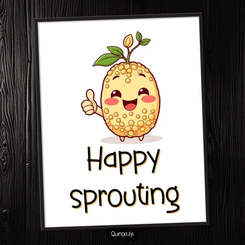 Funny digital art print of a happy quinoa character with a sprout, giving a thumbs-up, radiating positivity and joy.