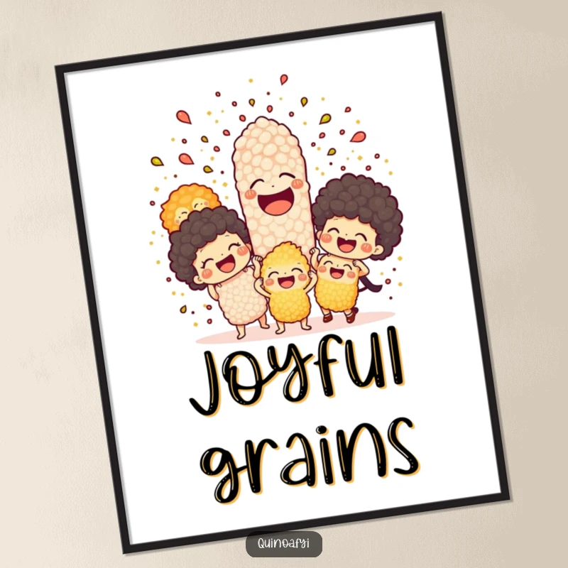 Funny digital art print of a joyful explosion of quinoa characters erupting with laughter, celebrating food and fun.