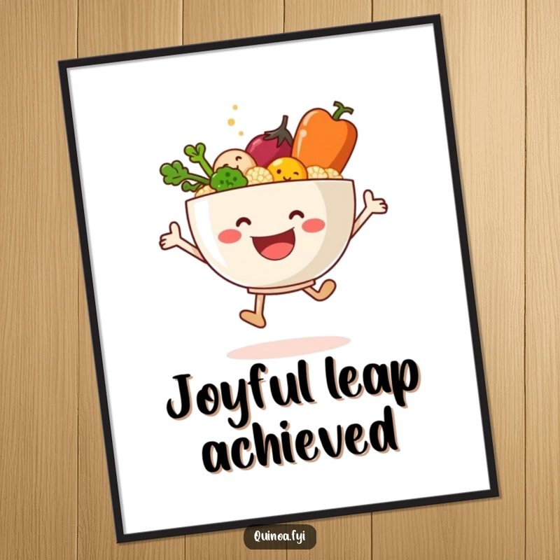 Funny digital art print of a smiling quinoa bowl and vegetables joyfully leaping, bringing healthy humor.