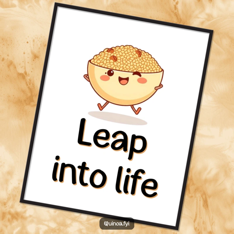 Funny cheerful anthropomorphic bowl of quinoa with tiny legs skipping artistically, a delightful print.