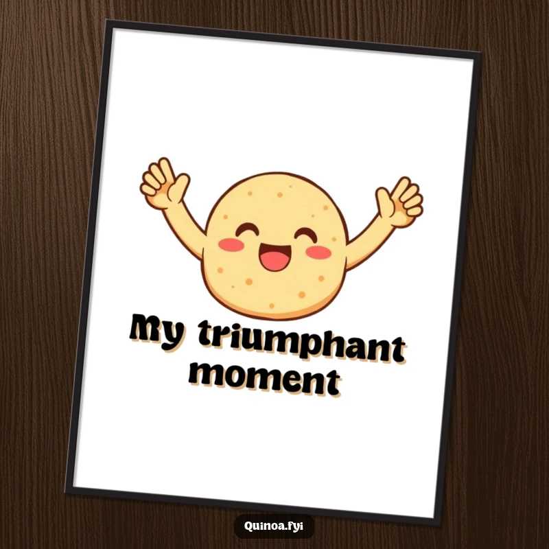Funny digital art print of an enthusiastic quinoa patty character celebrating, perfect for instant download and wall decor.