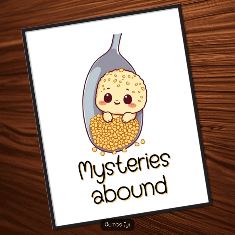 Funny digital art print of a curious quinoa character peeking around a giant spoon, ready to intrigue.