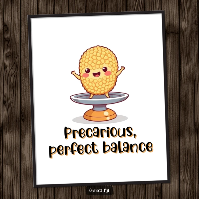 Funny Quinoa Digital Art Print: A happy quinoa grain character balancing on a small spinning plate, bringing humorous charm to your decor.
